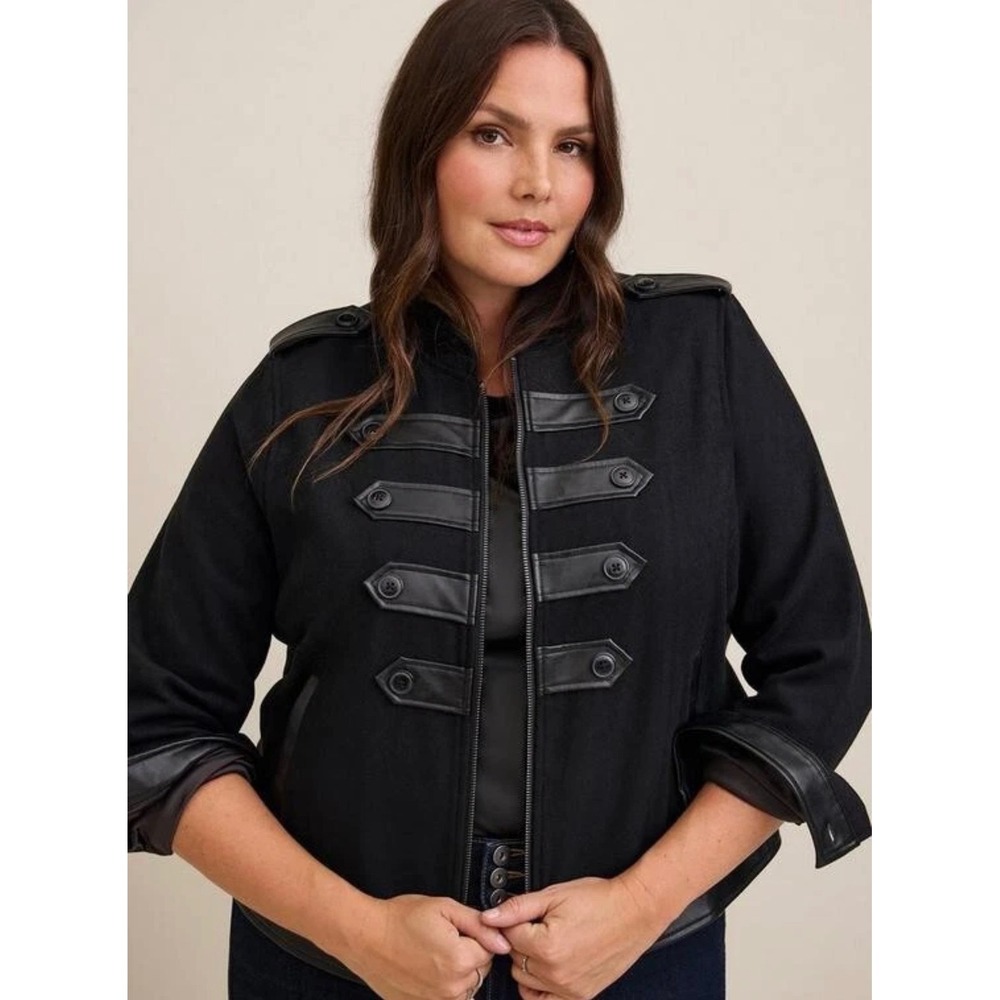 Torrid Womens Black Military Band Jacket Faux Leather Trim Zip Front 0 L XL